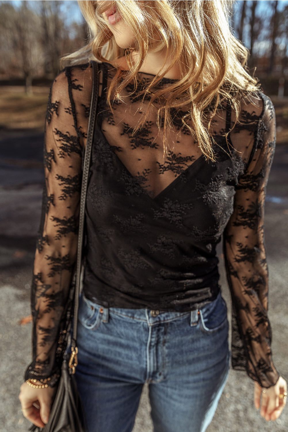 Black Lace Mesh Crochet  Long Sleeve