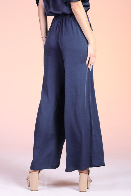 Tie Waist Wide Leg Pants - Navy