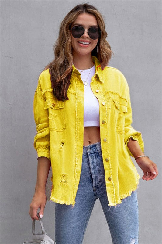 Casual Denim Button Down With Raw Edge - Yellow