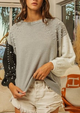 Color Block Pearl Beaded Sweater Top