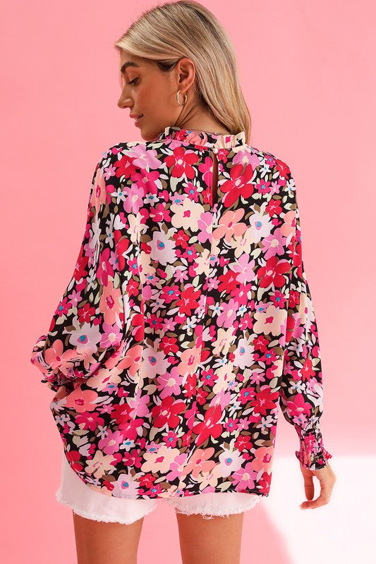 Rose Floral Frilled Neck Shirred Cuffs Blouse