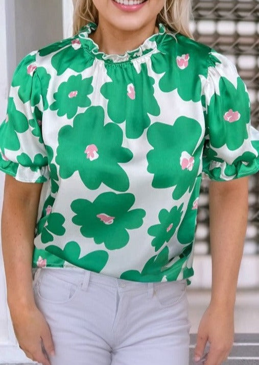 Green Floral Puff Sleeve Frill Neckline Blouse