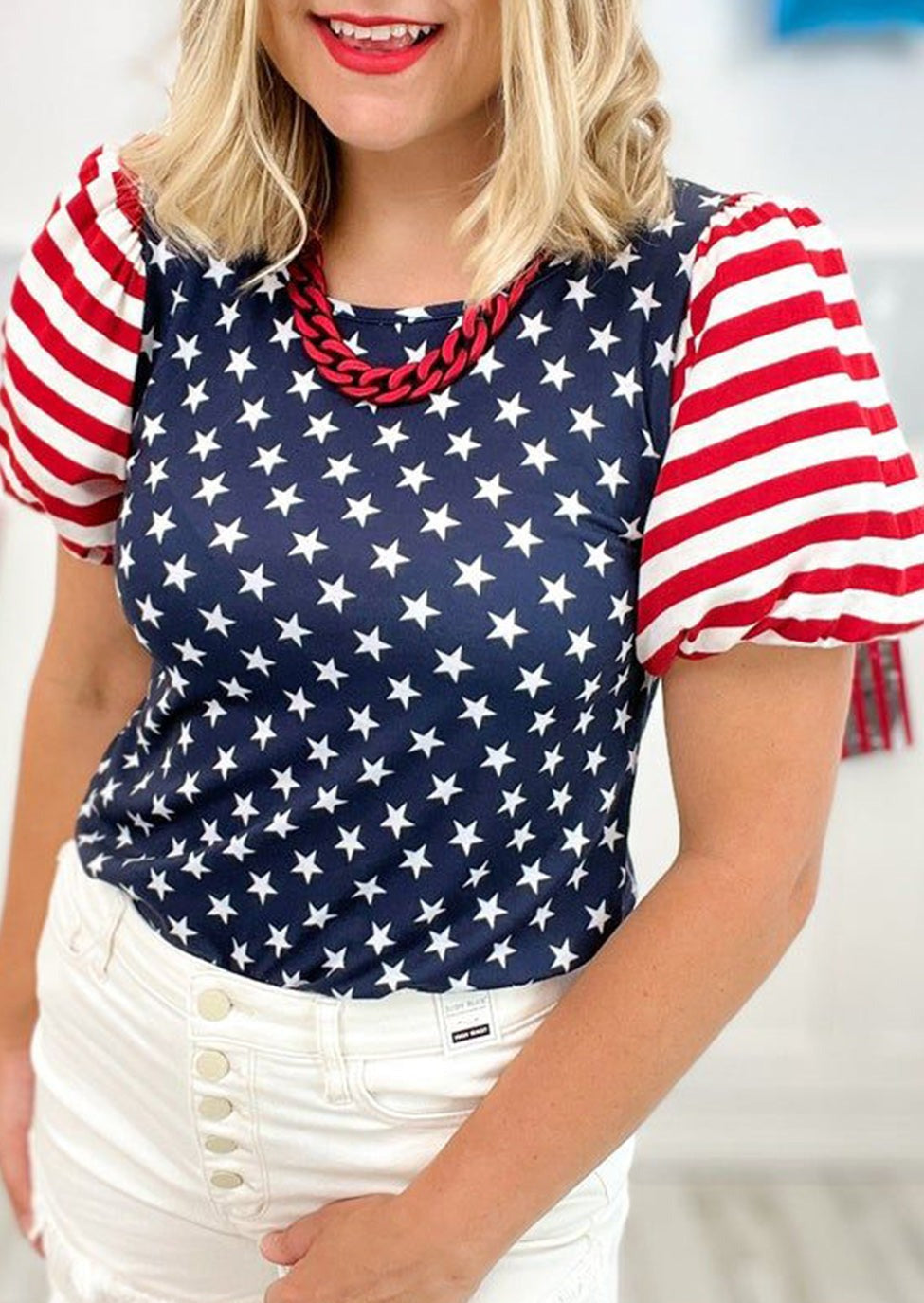 4th Of July Stars Stripes Puff Sleeve Top
