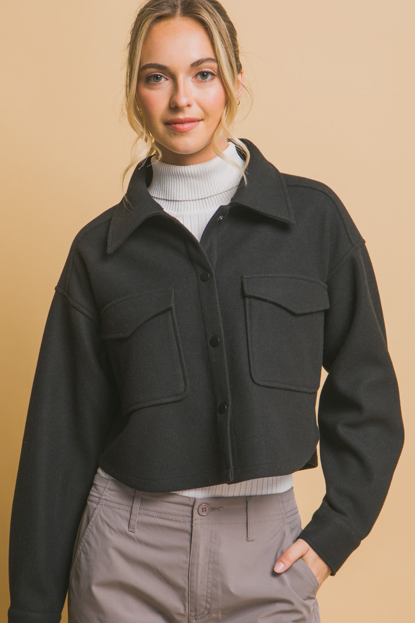 Fleece Cropped Snap-Button Shacket, Black