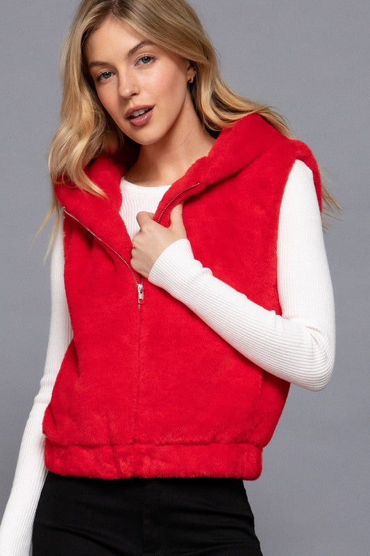 Faux Fur Vest - Red