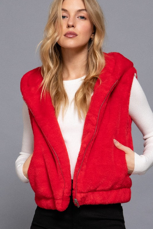 Faux Fur Vest - Red