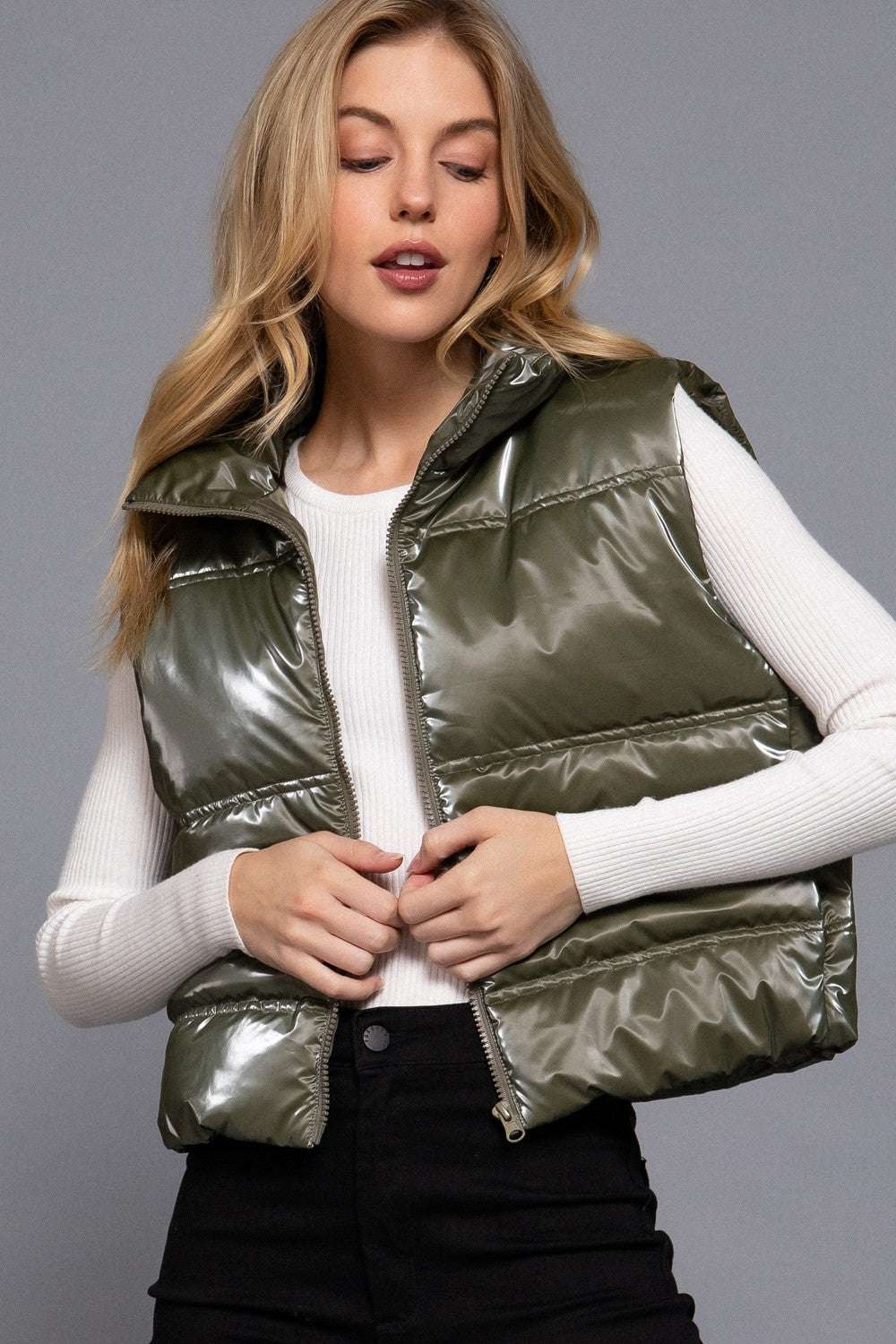 High Neck Zip Up Vest - Olive