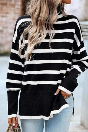 STRIPED HIGH NECK SIDE SLIT KNIT SWEATER