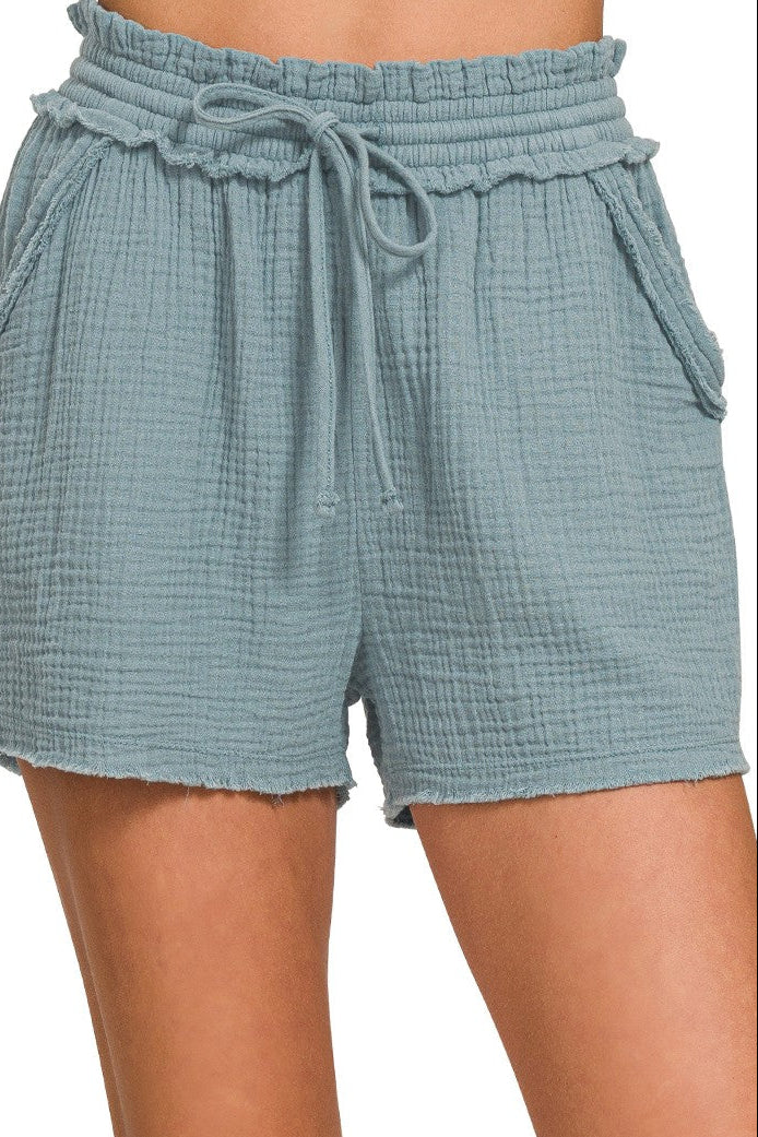 Double Gauze Drawstring Shorts - Blue Gray