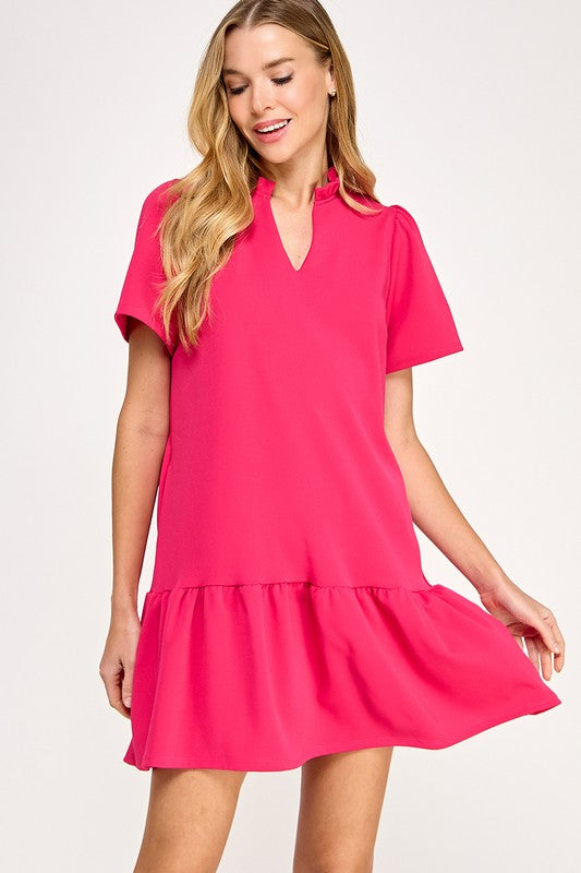 Solid ruffle neck dres