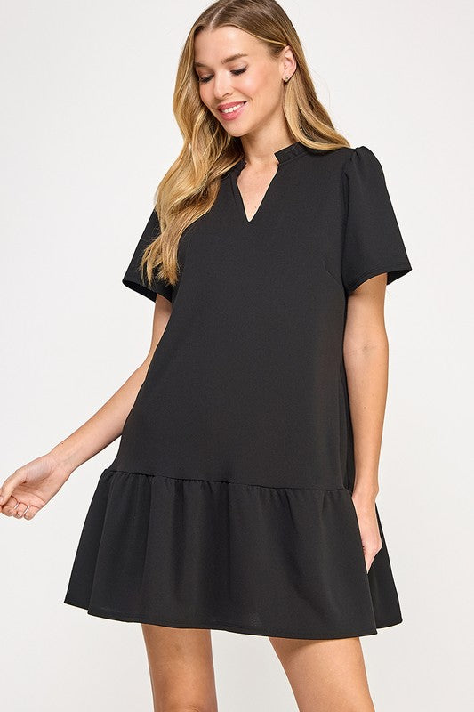 Solid ruffle neck dres