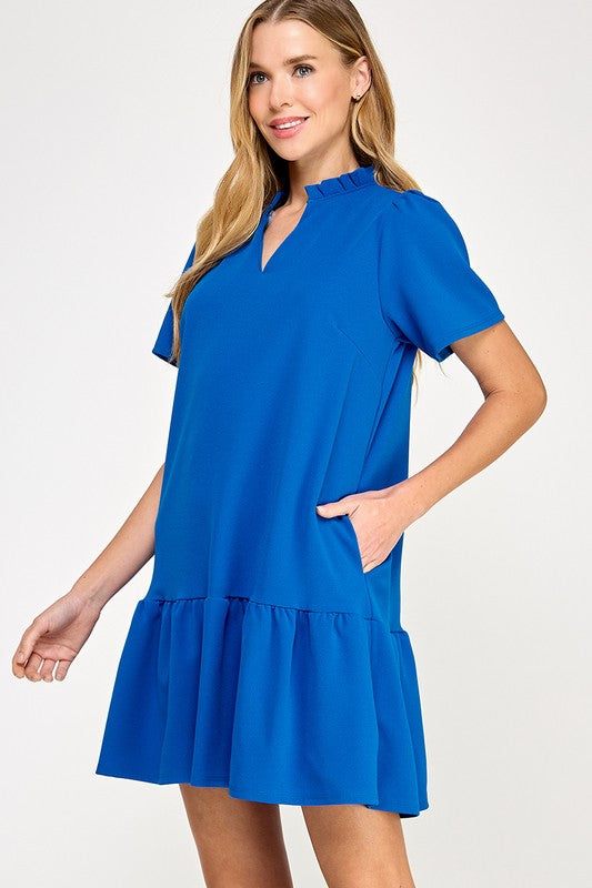 Solid ruffle neck dres