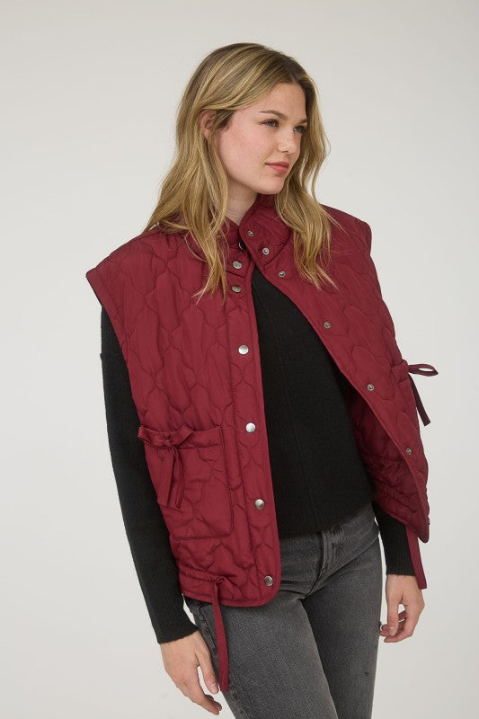Tie Quilted Puffer Vest -Burgandy
