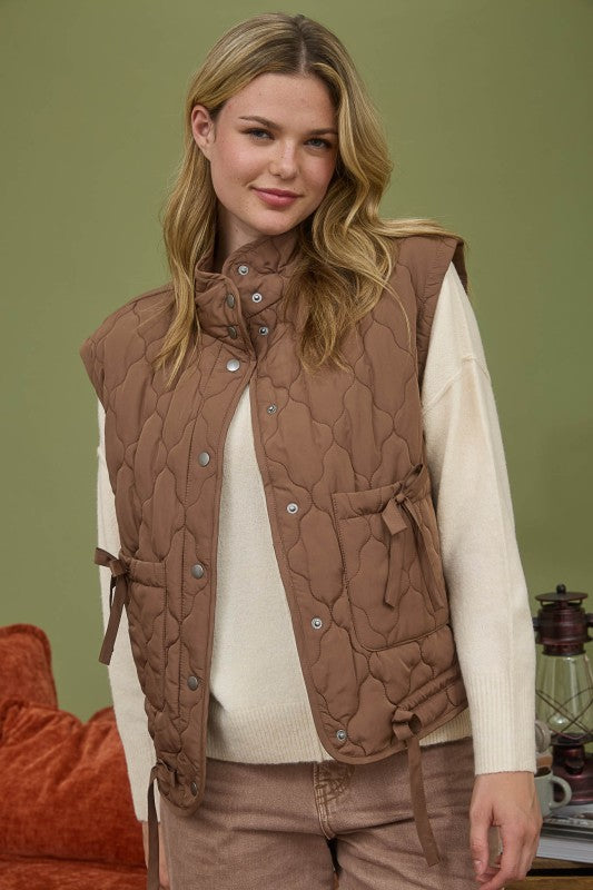 Tie Quilted Puffer Vest -Mocha