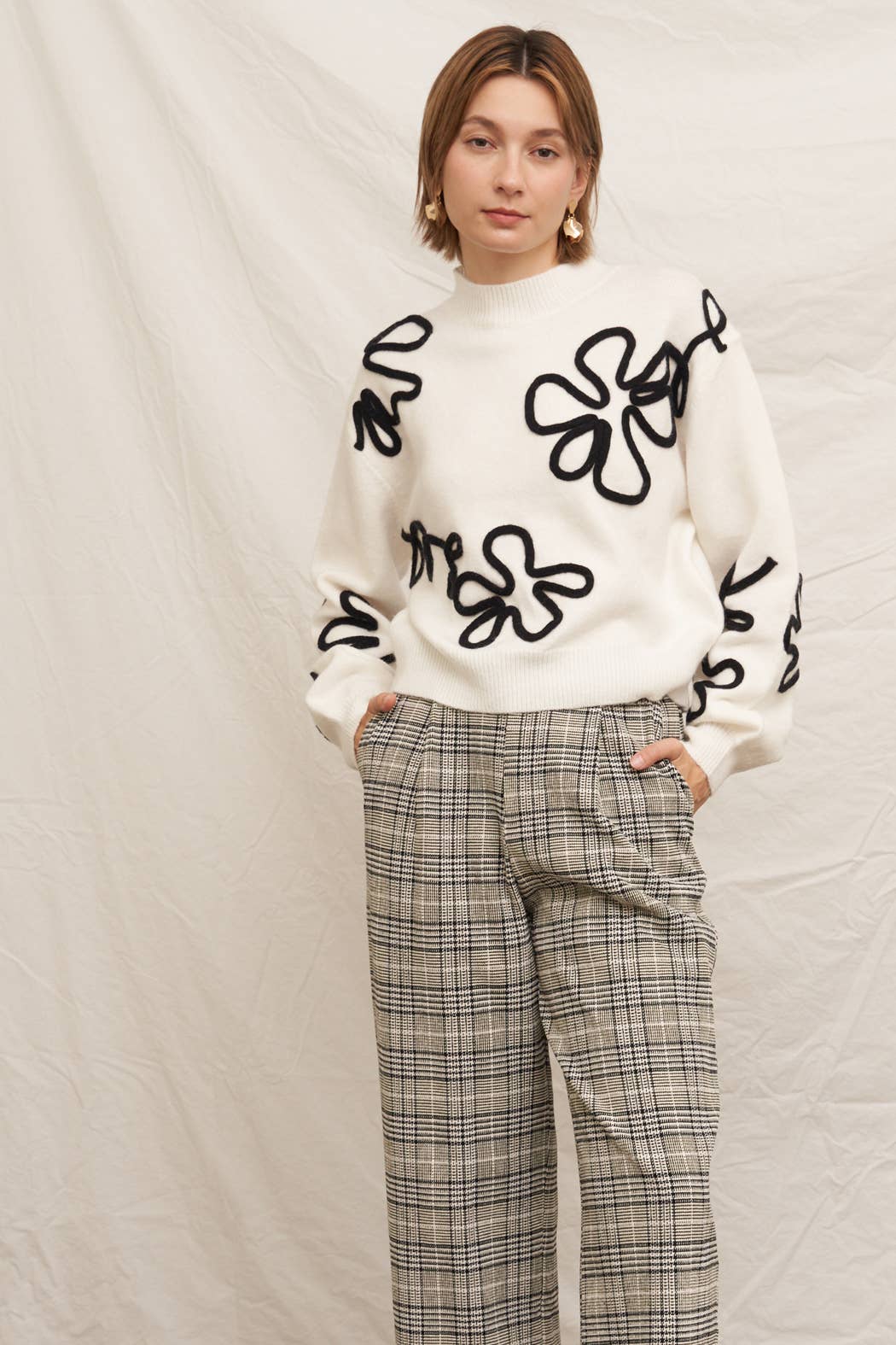 Floral Outline Mock Neck Sweater