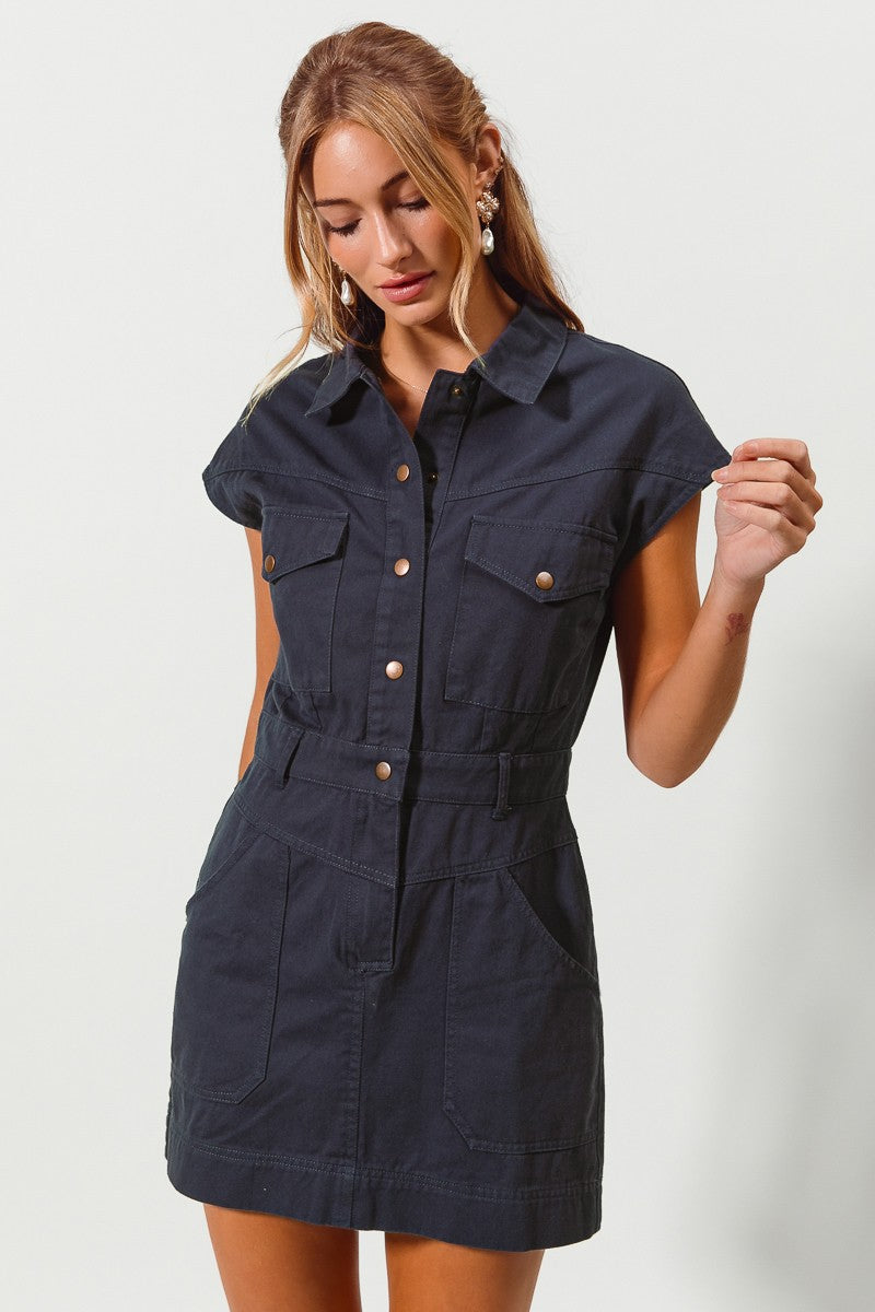 Button Up Shirt Dress - Navy