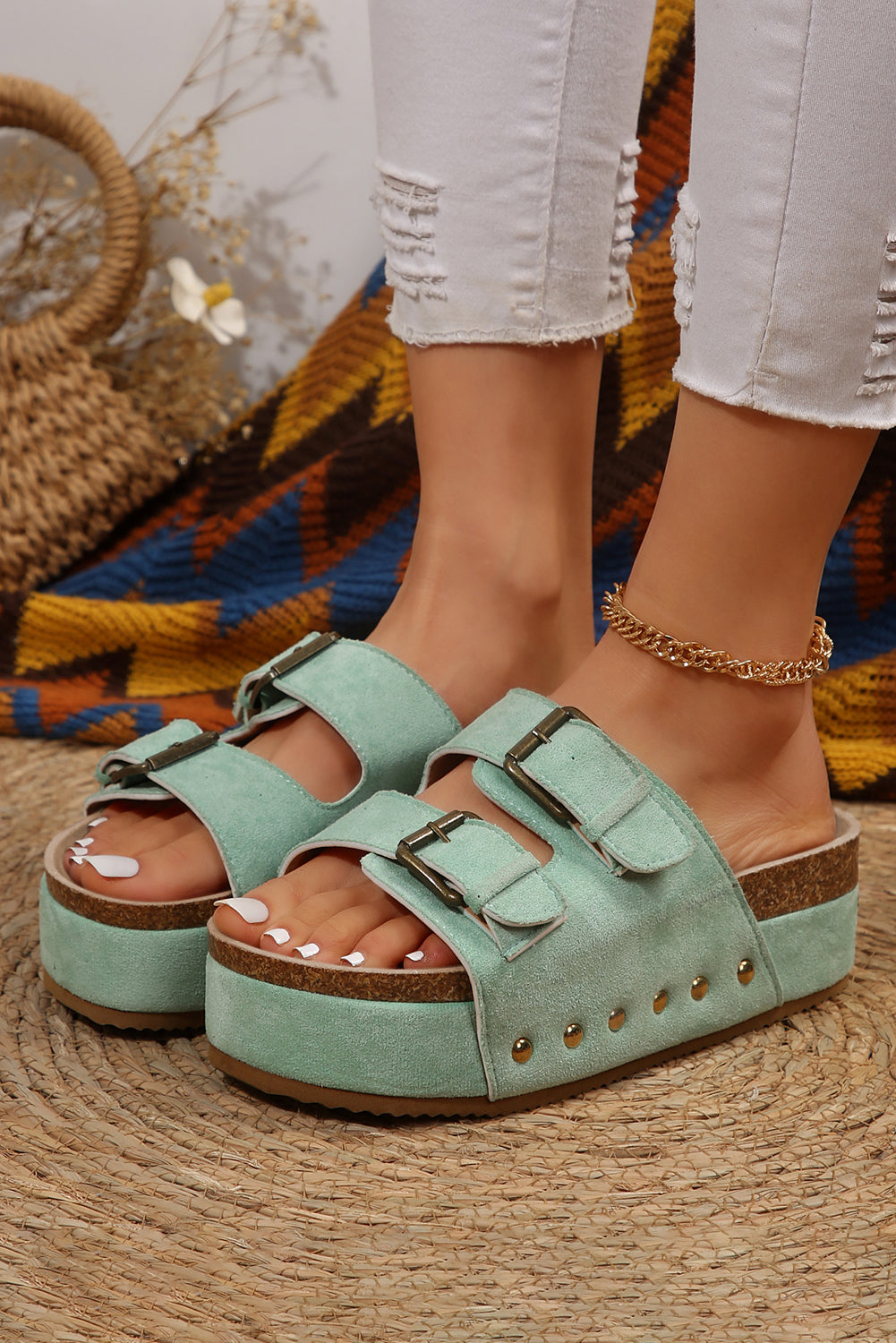Teal Suede Buckle Sandal