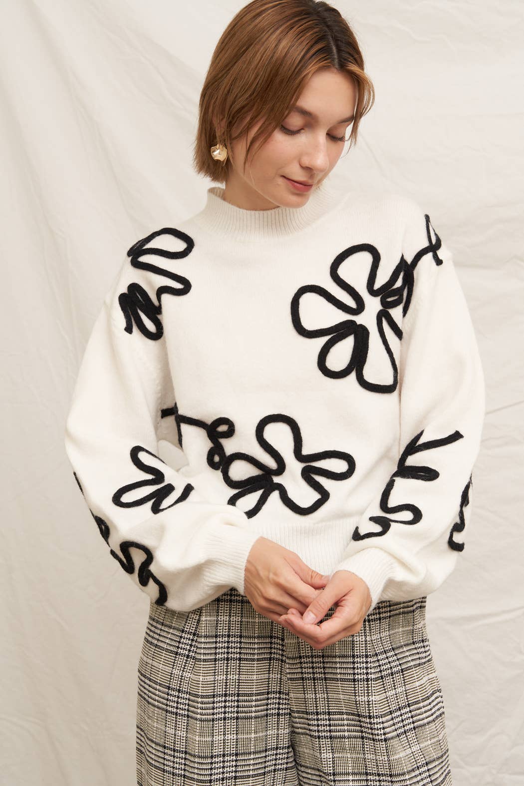 Floral Outline Mock Neck Sweater