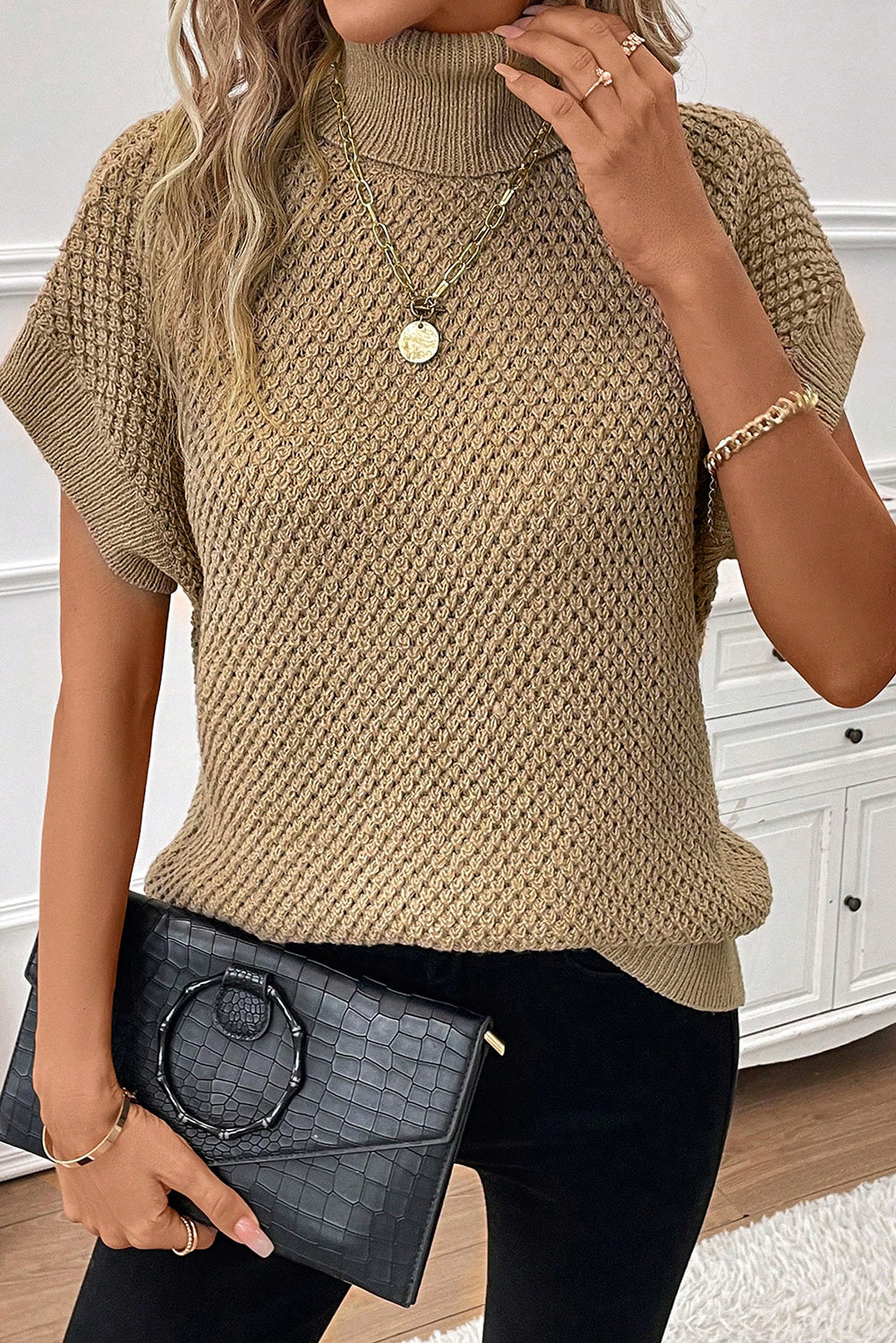 Khaki Turtleneck Textured Short Sleeve Sweater