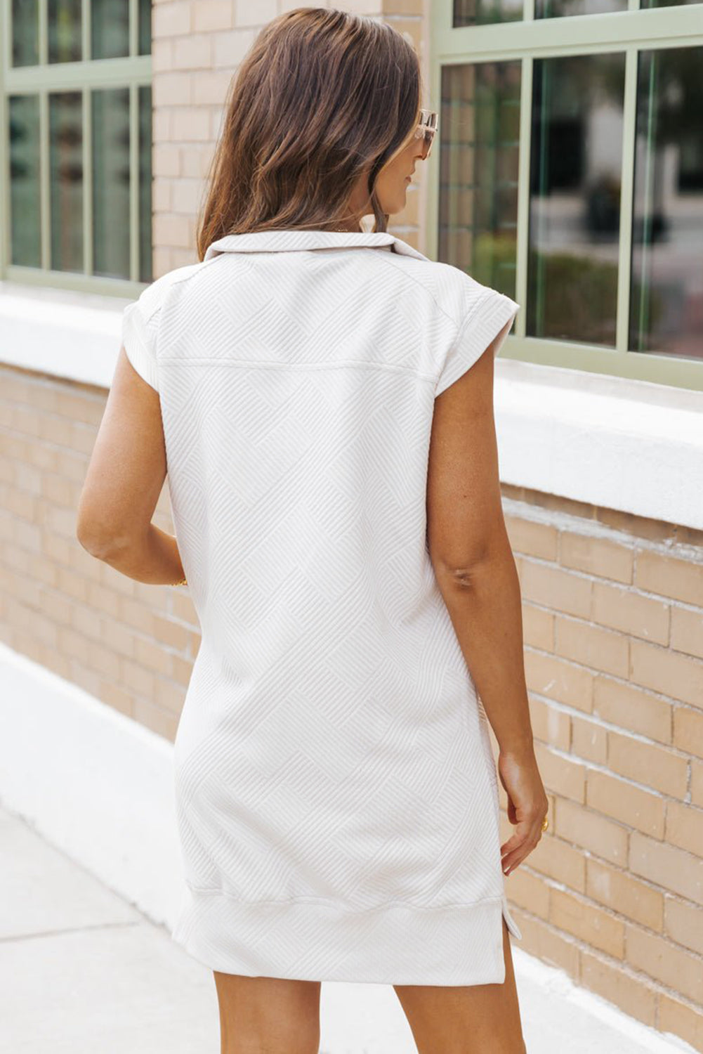 White Textured Half Zip Dress