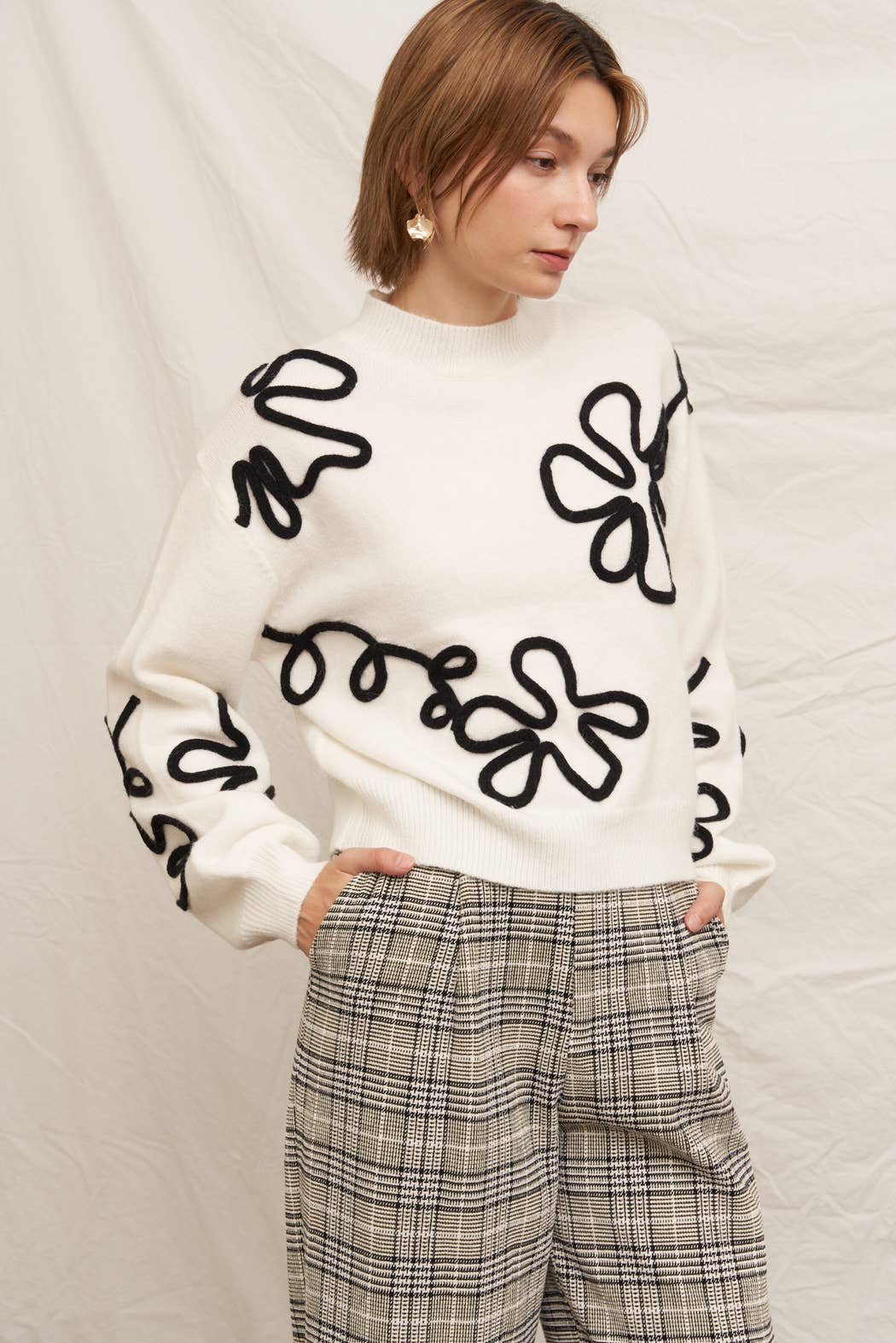 Floral Outline Mock Neck Sweater