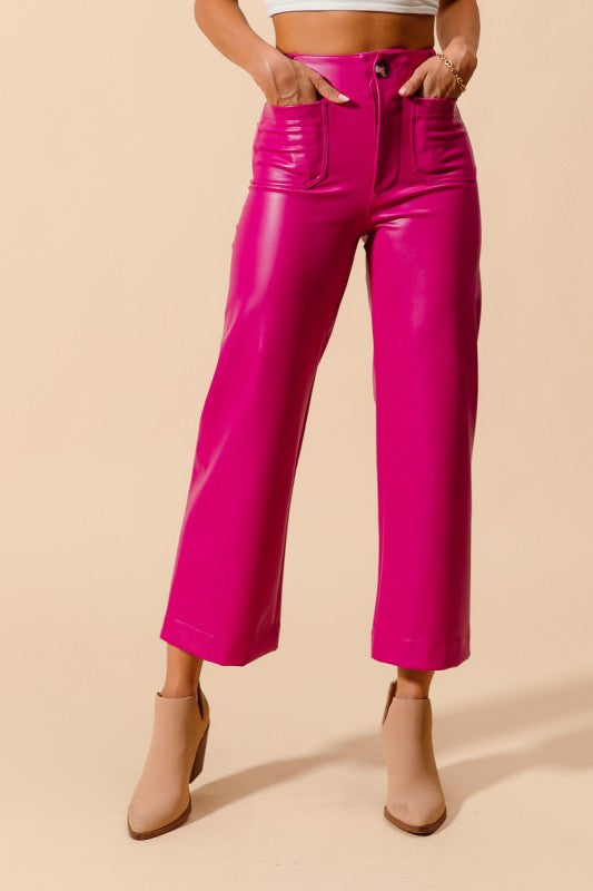 Mid Rise Faux Leather Wide Leg Boot Cut Pants - Hot Pink