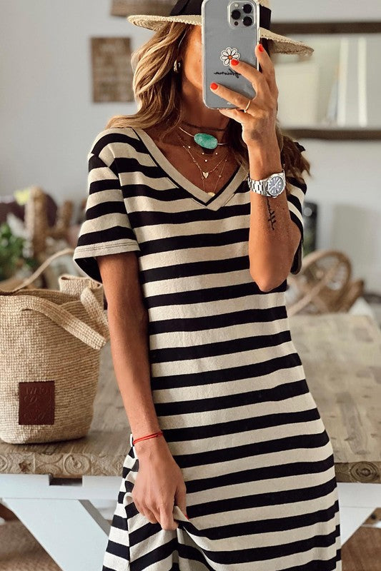 Stripe Print V Neck Maxi Dress with Side Splits