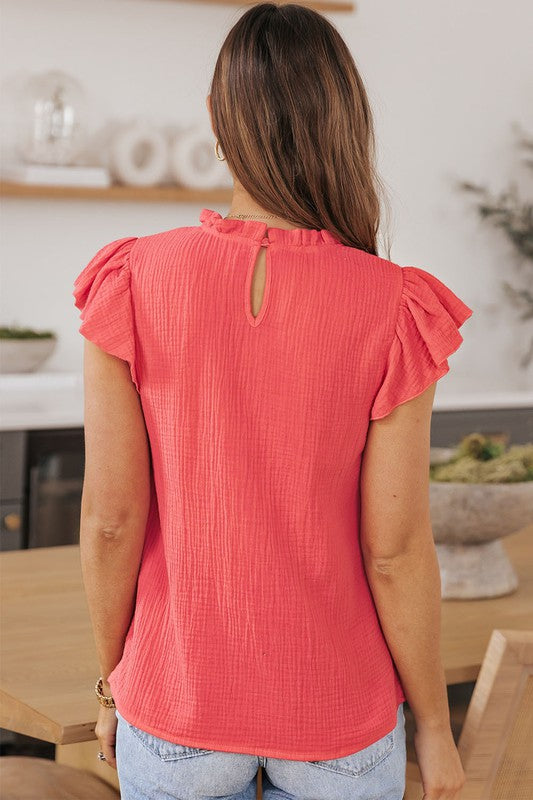Coral Flutter Sleeve Frilled Neck Blouse
