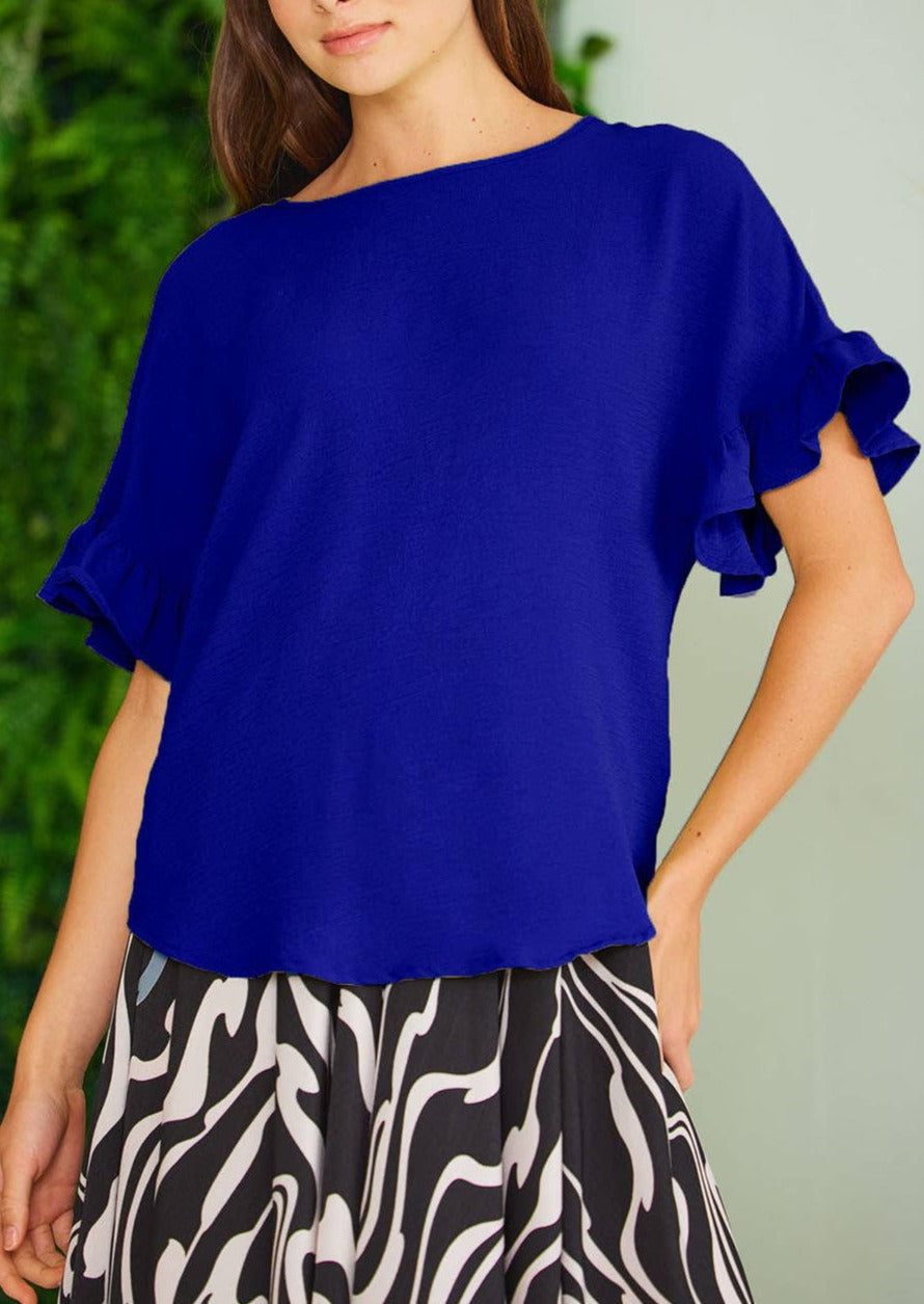 Blue Ruffled Round Neck Blouse