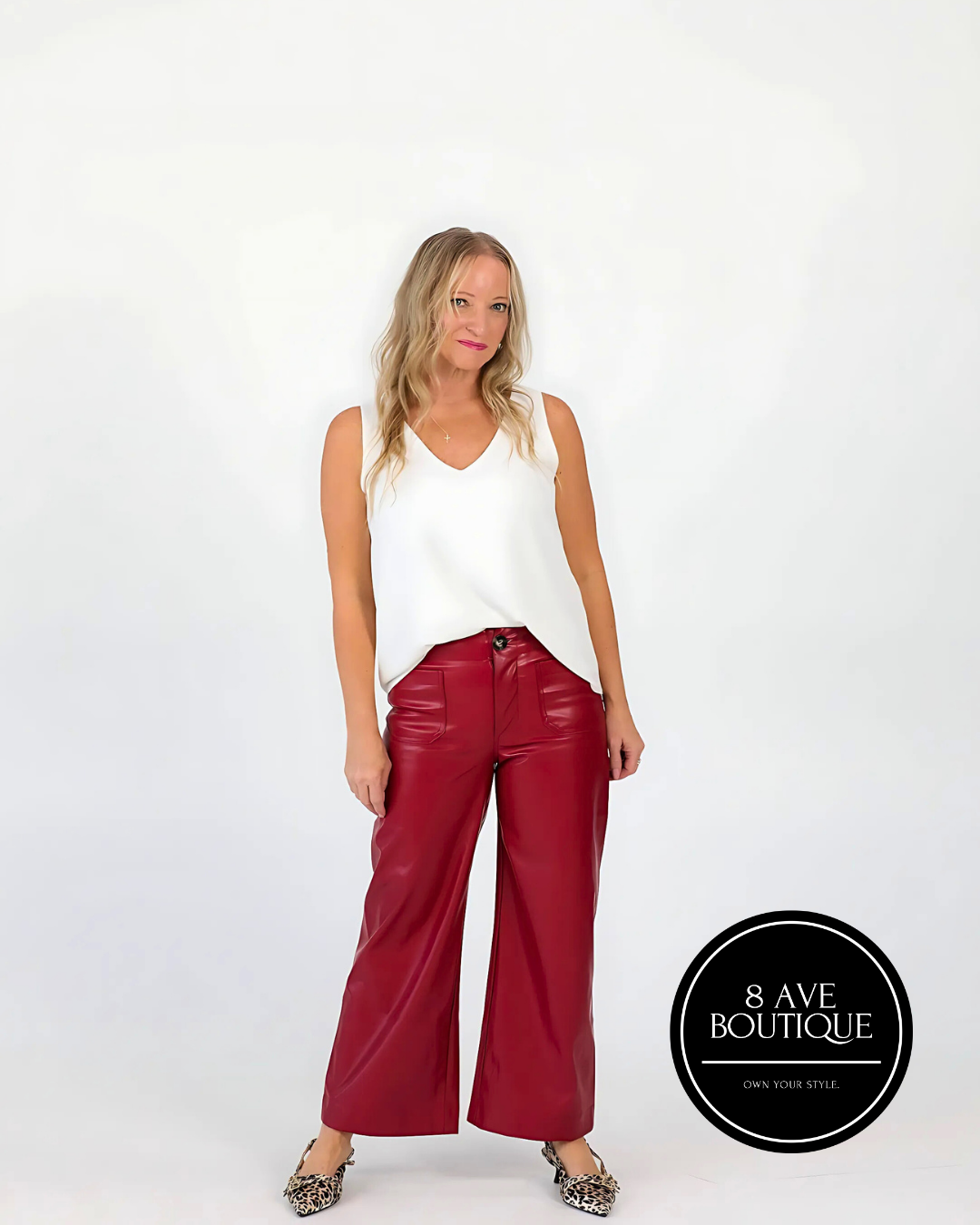 Shop 8 Ave Boutique - Omaha Nebraska - Red Leather Pants - Cheetah print flats - White tank top - perfect fall fashion for work, dinner, brunch, game day