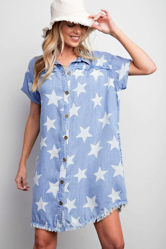 Blue Stars Frayed Denim Dress