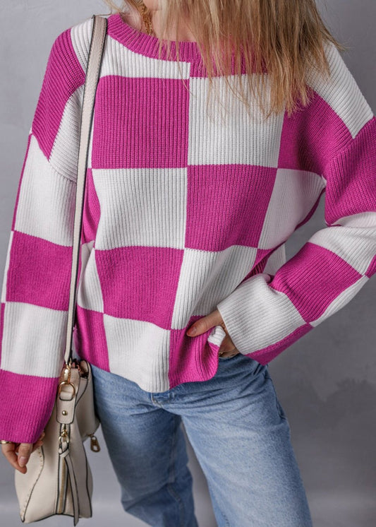 Pink Checkered Round Neck Sweater