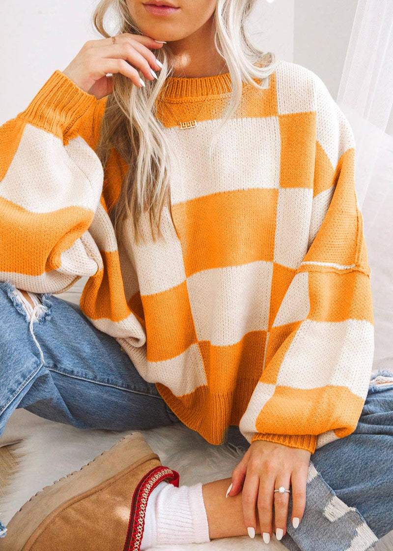 Dropship Clothes Orange Checkered Bishop Sleeve Sweater Grapefruit Orange M 100 Acrylic
