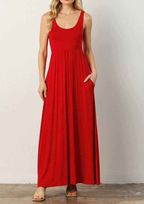 Red Jersey Sleeveless Empire Waist Pocket Maxi Dress