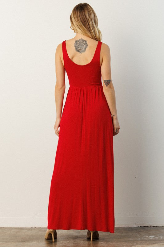 Red Jersey Sleeveless Empire Waist Pocket Maxi Dress