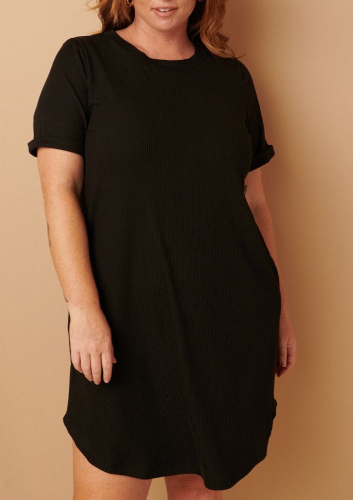 Rib Round Neck Tee Dress - Curvy