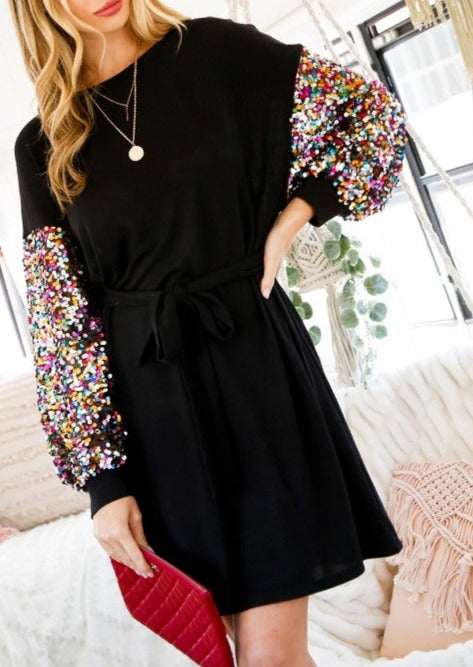 Sequin Sleeves Jersey Dress