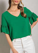 Green Ruffle Sleeve V-Neck Blouse