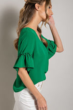 Green Ruffle Sleeve V-Neck Top