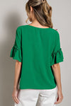 Green Ruffle Sleeve V-Neck Blouse