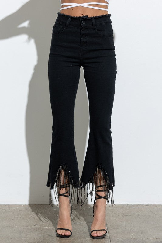 Rhinestone Fringe Denim Pants