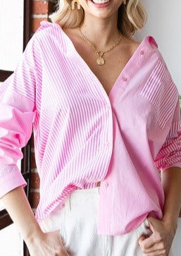 Pink Stripe Print & Solid Color Contrast Top