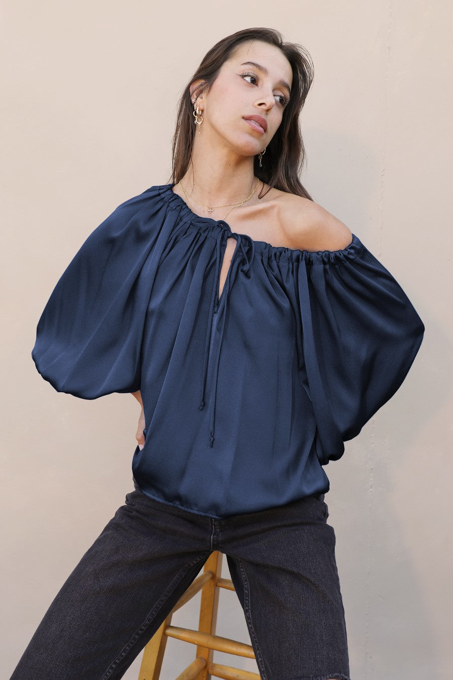 Shiny Hammered Satin Top - Navy