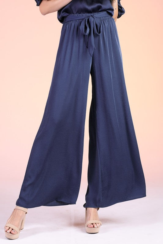 Tie Waist Wide Leg Pants - Navy