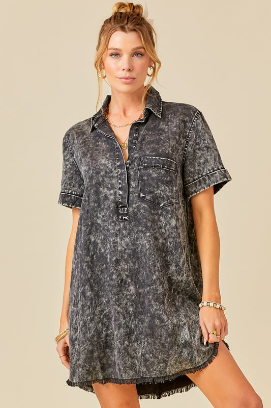 Washed Denim Shirt Dress - Black