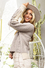 Oatmeal Lace Up Colorblock Sweater Pullover