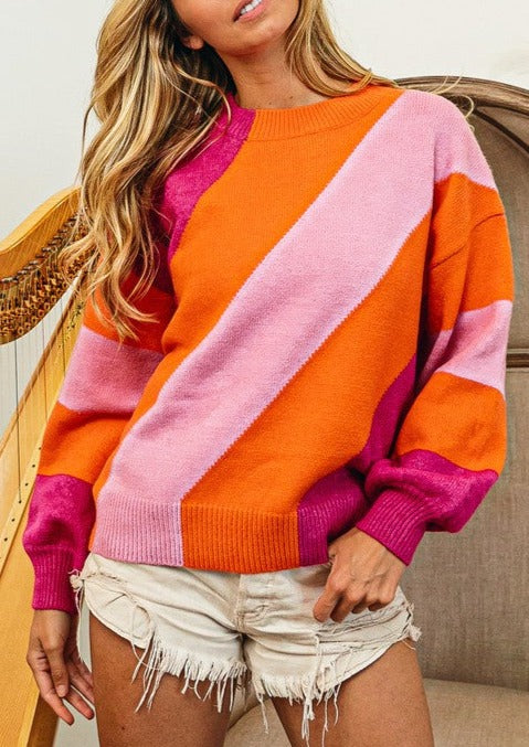 Diagonal Color Block Knit Pullover