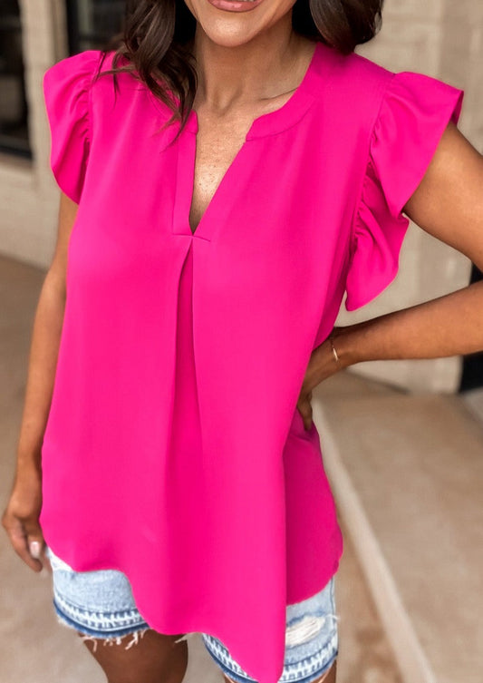 Pink Notched Neck Ruffle Sleeve Blouse