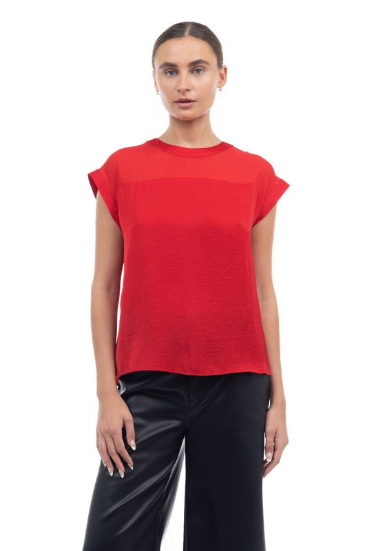 Sheer Contrast Blouse - Red