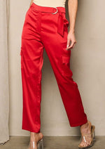 Red High Waist Self Tie Pockets Satin Pants